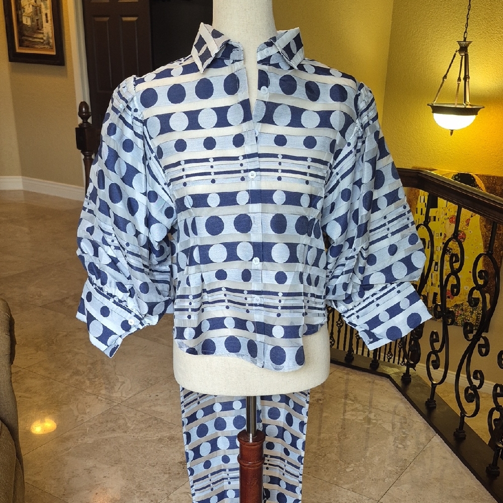 Gracia Navy and White Polka Dot Button-Front Blouse